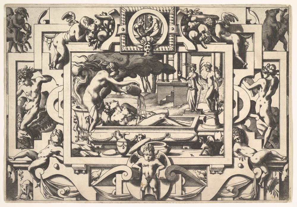 Medéia derrama uma poção mágica sobre Jason King Aeson tão obsoleto e magro em um tanque que ela ..., 1563. de Rene Boyvin