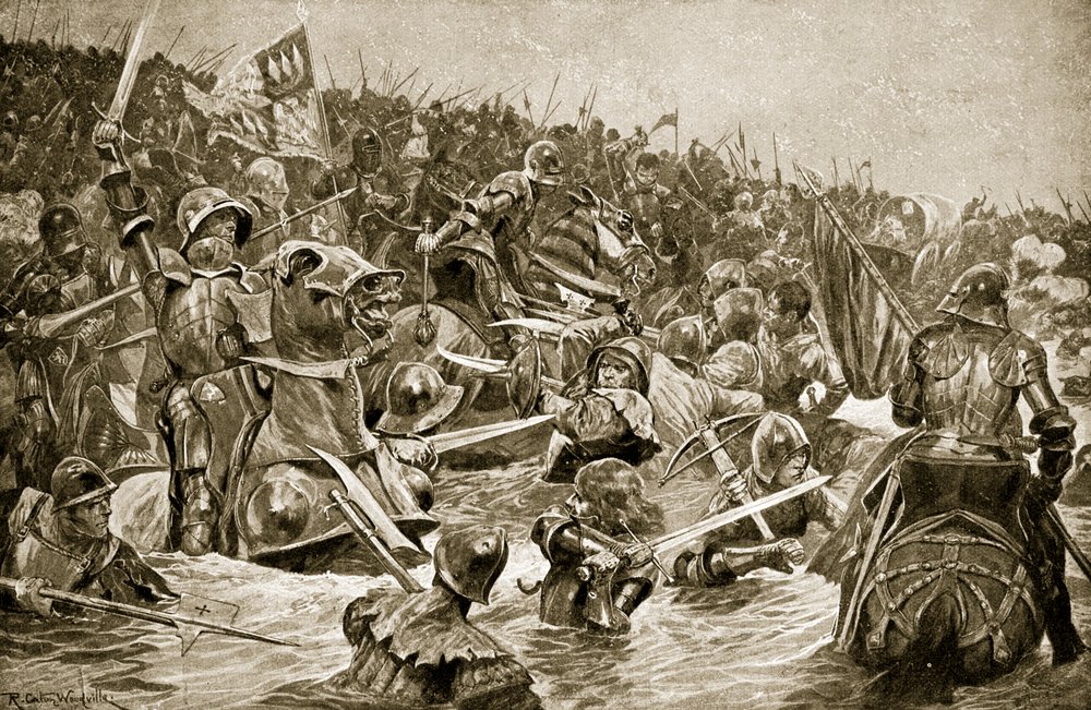A Batalha de Towton, ilustração da "História da Nação Britânica" de Hutchinson, c.1923 de Richard Caton Woodville junior