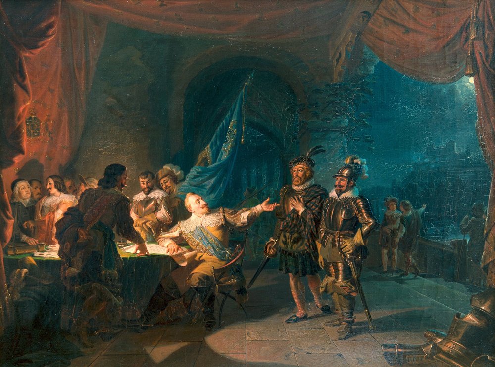 Gustav II Adolf tendo uma negociação de guerra em Würtzburg de Robert Wilhelm Ekman