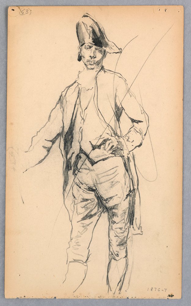 Desenho, Figura masculina de pé em traje do século XVII, 1876-77 de Robert Frederick Blum