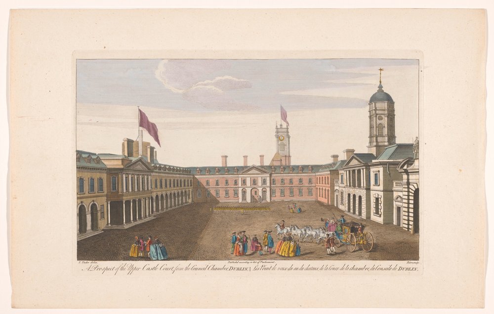 Gezicht op de Upper Castle Yard van Dublin Castle Uma perspectiva do Upper Castle Court, da Câmara do Conselho, Dublin (título no objeto) de Robert Sayer (possibly)