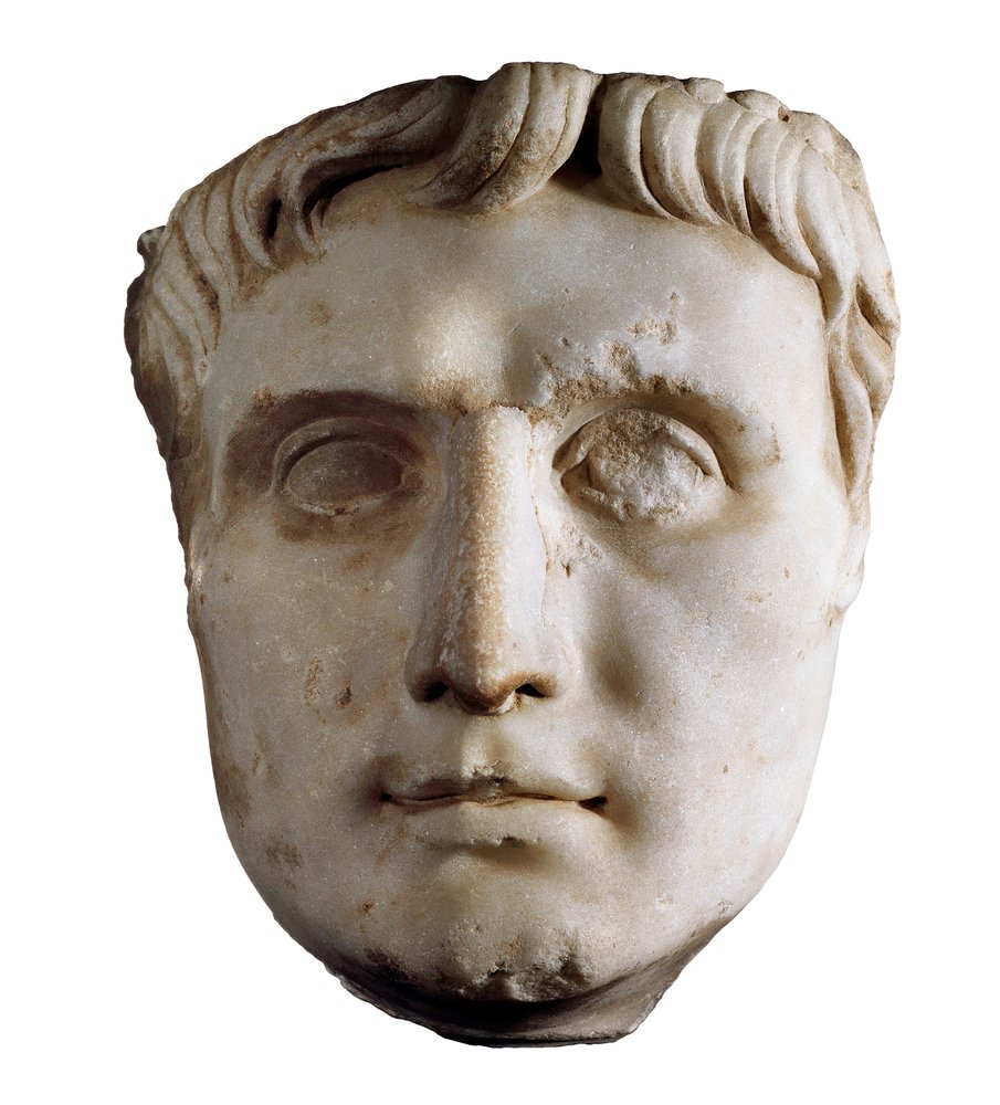 Máscara do Imperador Augusto (Caius Júlio César Octávio Augusto), 63 a.C. - 14 d.C. (escultura de mármore) de Roman