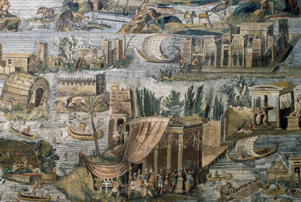 Templos ao longo do rio Nilo, detalhe do mosaico nilótico de inundação do rio Nilo no Egipto, do Santuário de Fortuna Primigenia em Palestrina, Lazio, Itália, civilização romana de Roman
