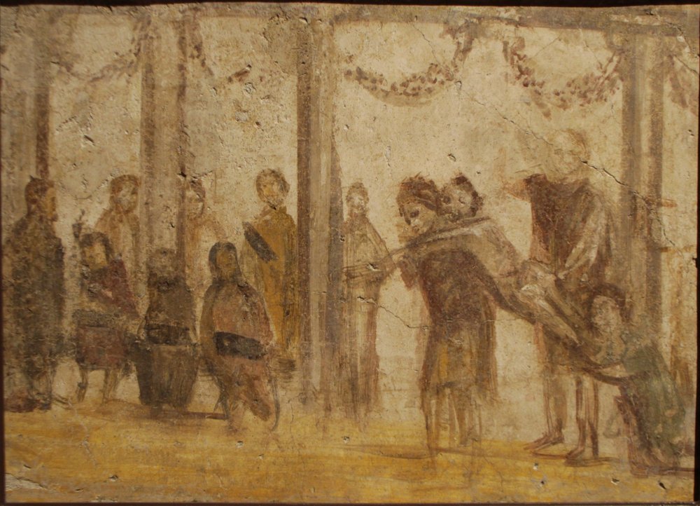 O castigo de um aluno. Fresco da casa de Julia Felix, século I de Roman Pompeian wall painting.