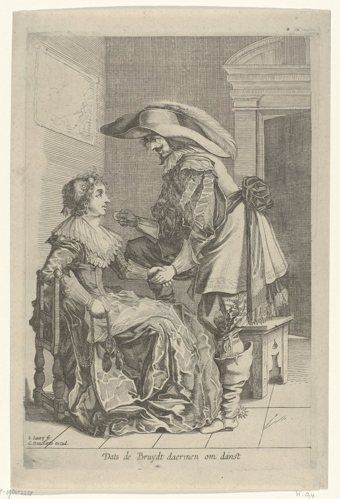 O homem oferece a uma mulher uma moeda Dats de Bruydt daermen om danst (título no objeto) de Salomon Savery