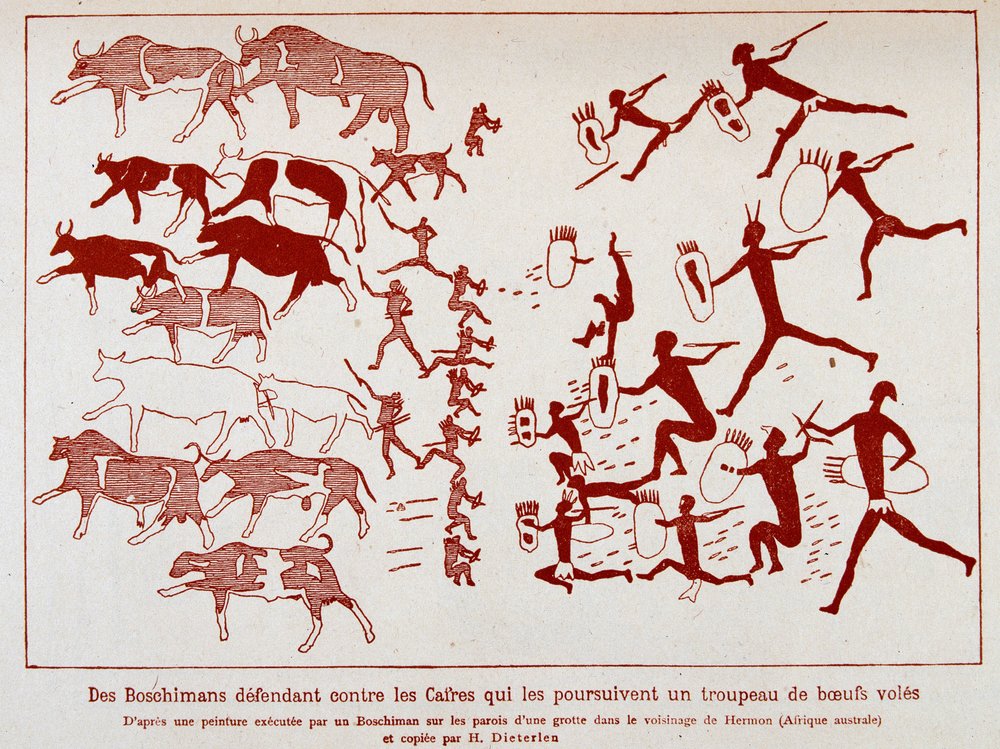 Boschimans defendem uma manada de moscas de bois contra os cofres, após uma pintura executada por um boschiman nas paredes de uma caverna nas proximidades de Hermon (África Austral) de School African