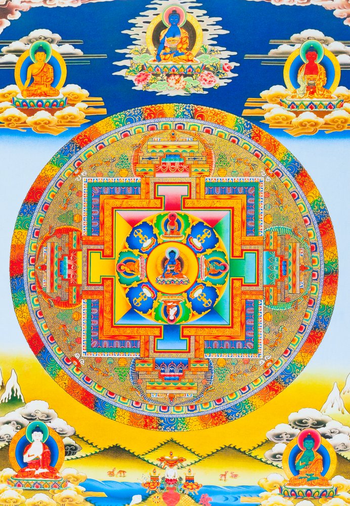 Mandala de Akshobhya, representando o Buda imperturbável no Bhumi Sparsha Mudra, com a terra a testemunhar a sua iluminação de School Nepalese