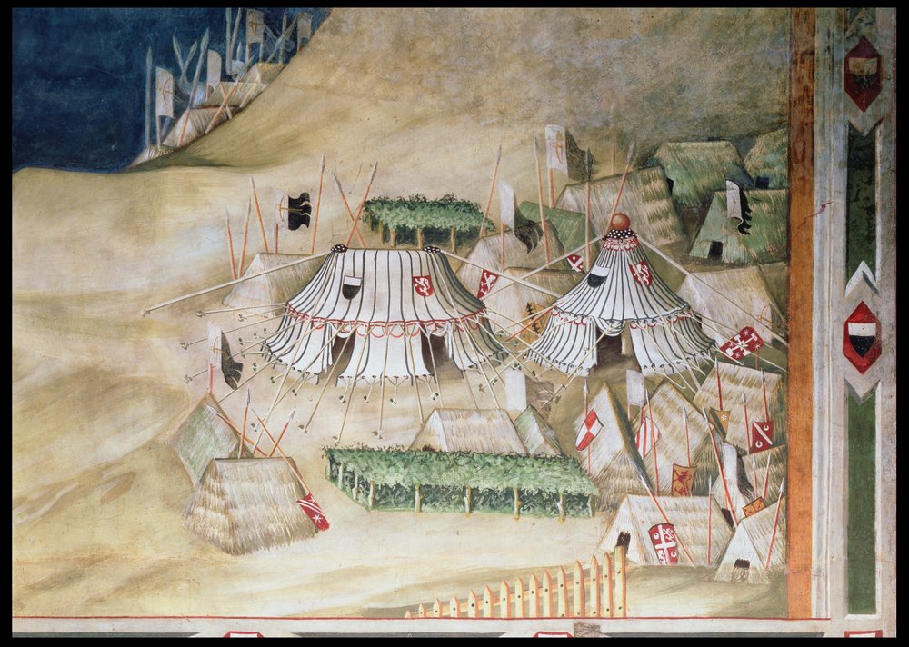 Comemoração do Guidoriccio da Fogliano no Cerco de Montemassi, detalhe do acampamento militar, da Sala del Mappamondo, 1328 de Simone Martini
