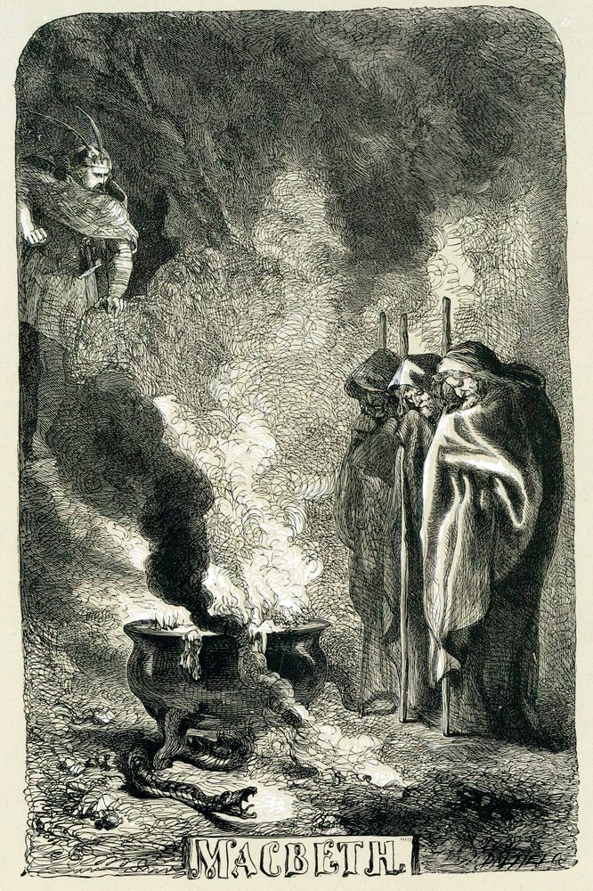 Macbeth visitando as três bruxas na charneca, 1858 de Sir John Gilbert