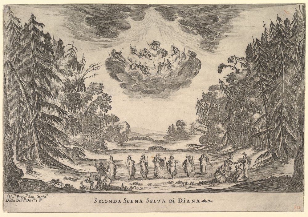 Segunda cena, na floresta de Diana, de O casamento dos deuses Le nozze degli Dei, 1637. de Stefano della Bella