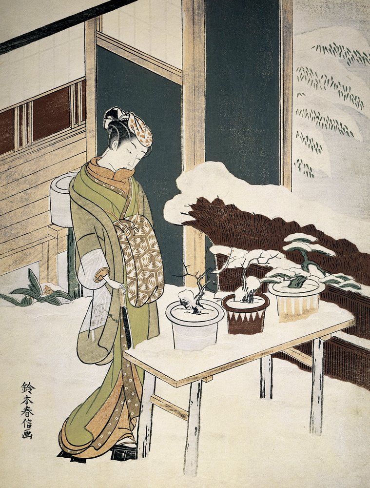 Uma jovem mulher admira os seus bonzais num terraço coberto de neve. Século XVIII (gravura) de Suzuki Harunobu