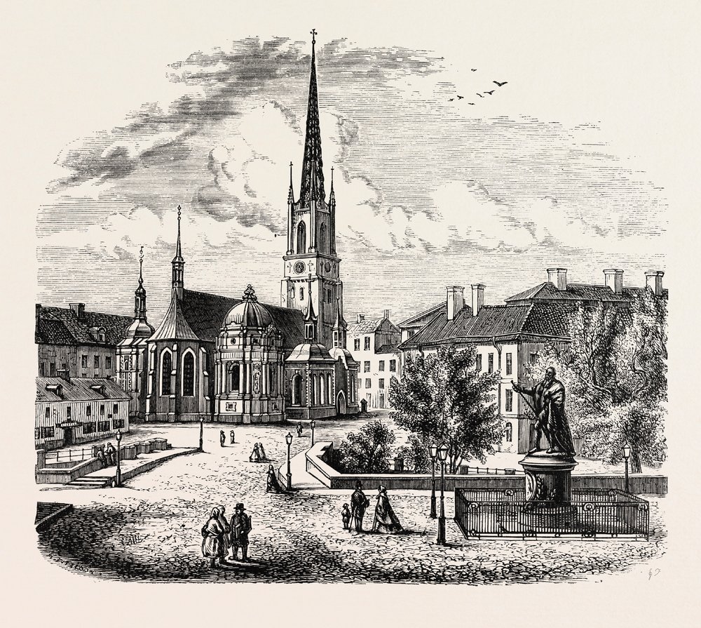 Igreja de Riddarholmen, Riddarholmskyrka, Estocolmo, Suécia (gravura) de Swedish School
