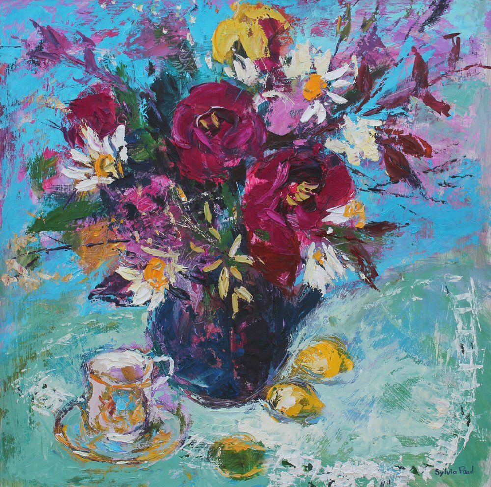 Ainda vida com xícara de chá, 2013, óleo a bordo de Sylvia Paul
