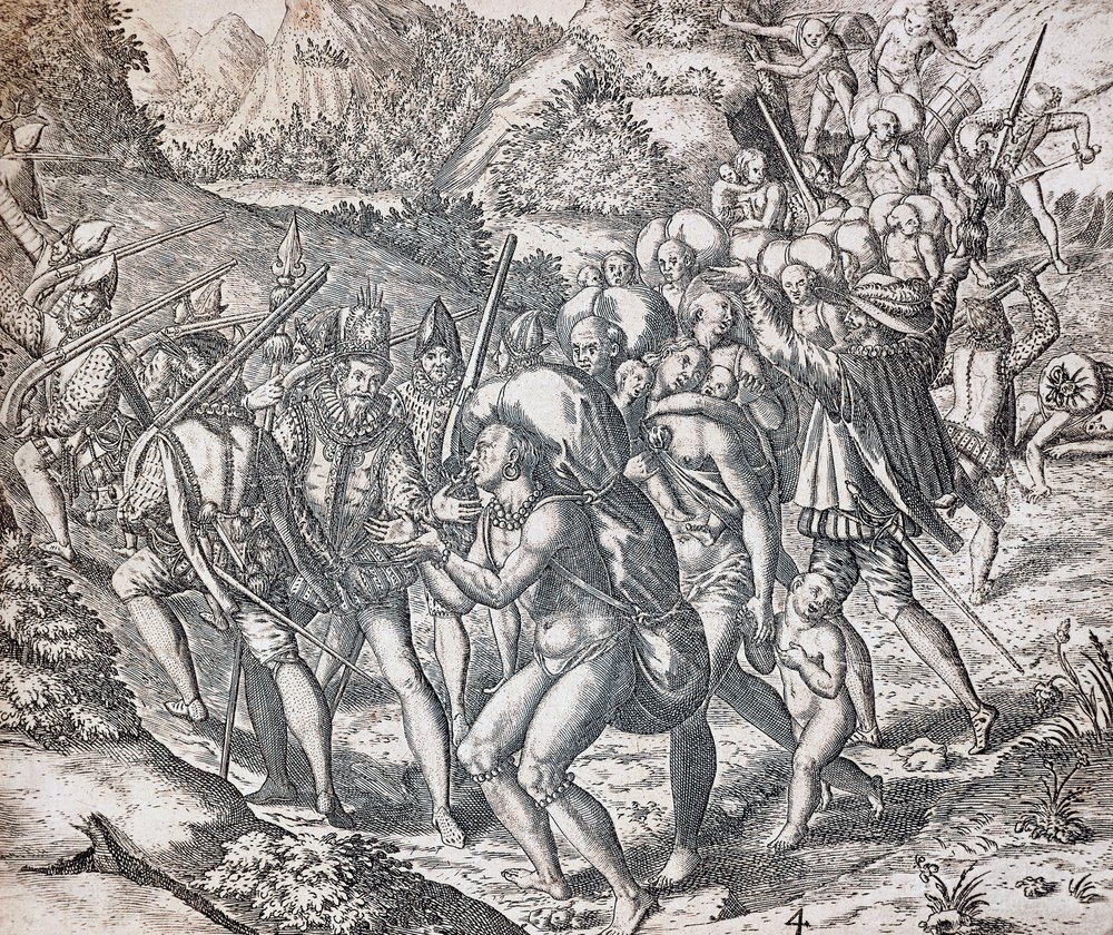Nativos a serem embarcados em navios a serem levados para a escravatura em Sevilha, gravados por Theodor de Bry (1528-1598), Antilhas de Theodor de Bry