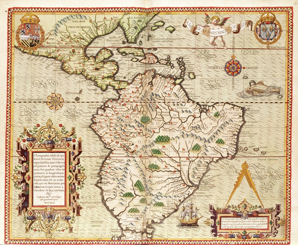Mapa da América Central e da América do Sul, de «Americae Tertia Pars..», 1562 de Theodore de Bry