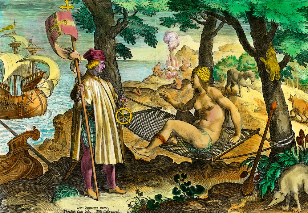 História da América: primeiro contacto do navegador italiano Amerigo Vespucci com os índios da América de Theodore de Bry