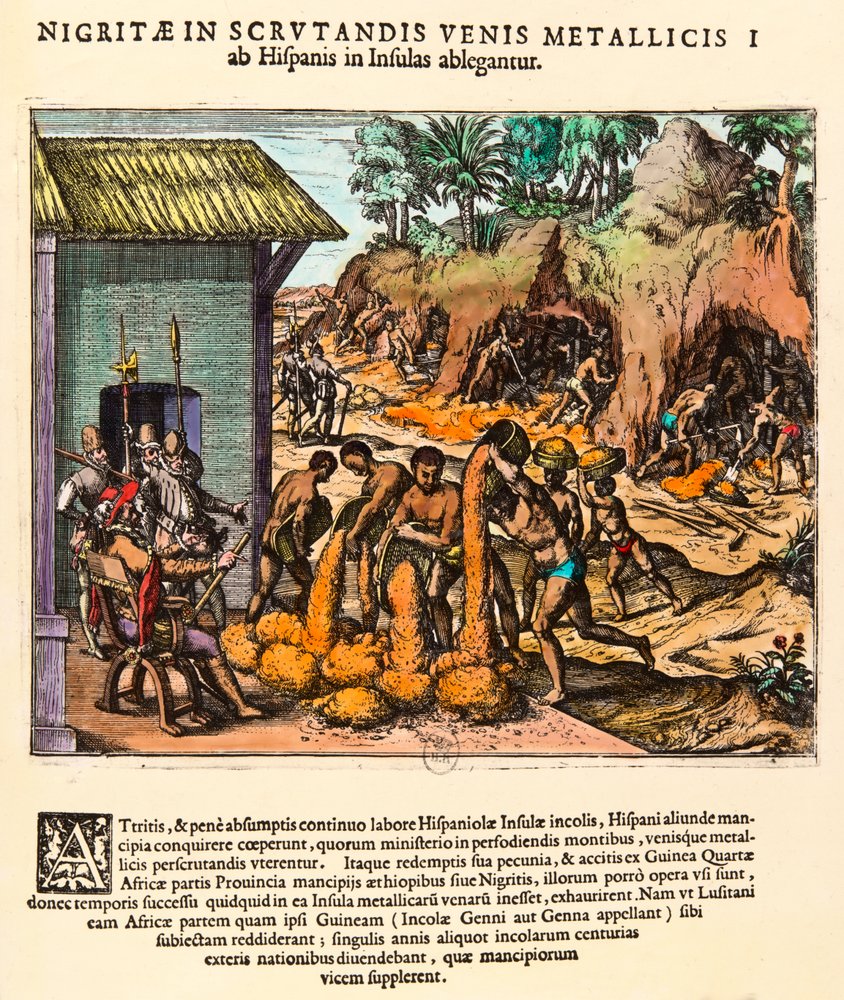 História da América: os Espanhóis exploram minas de ouro. Os índios trabalham perante os olhos dos colonos. Gravura de Theodore de Bry (1528-1598). Século XVI. Colecção particular de Theodore de Bry