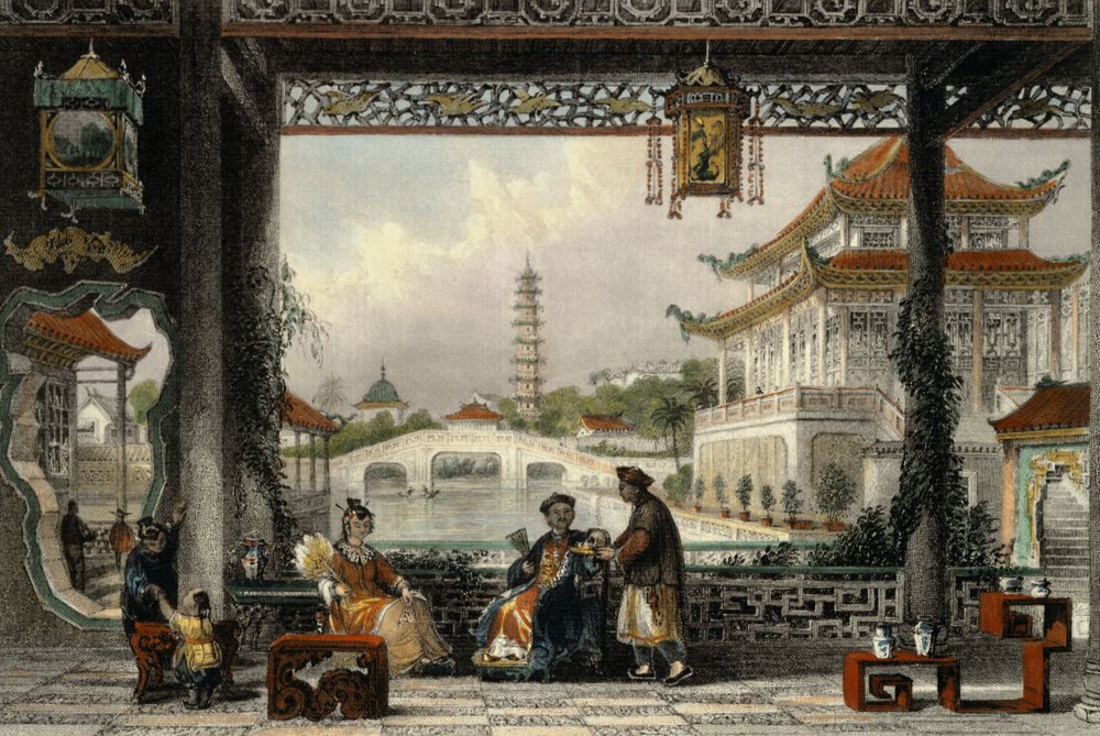 Pavilhão e jardins de um mandarim perto de Pequim, de &39;China em uma série de vistas&39; por George Newenham Wright (c.1790-1877) 1843 de Thomas Allom