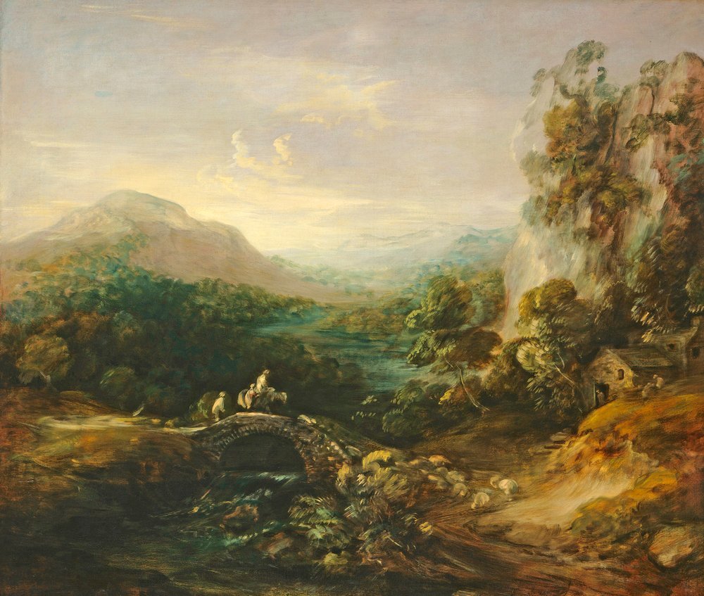 Paisagem montanhosa com ponte, cerca de 1783-1784 de Thomas Gainsborough