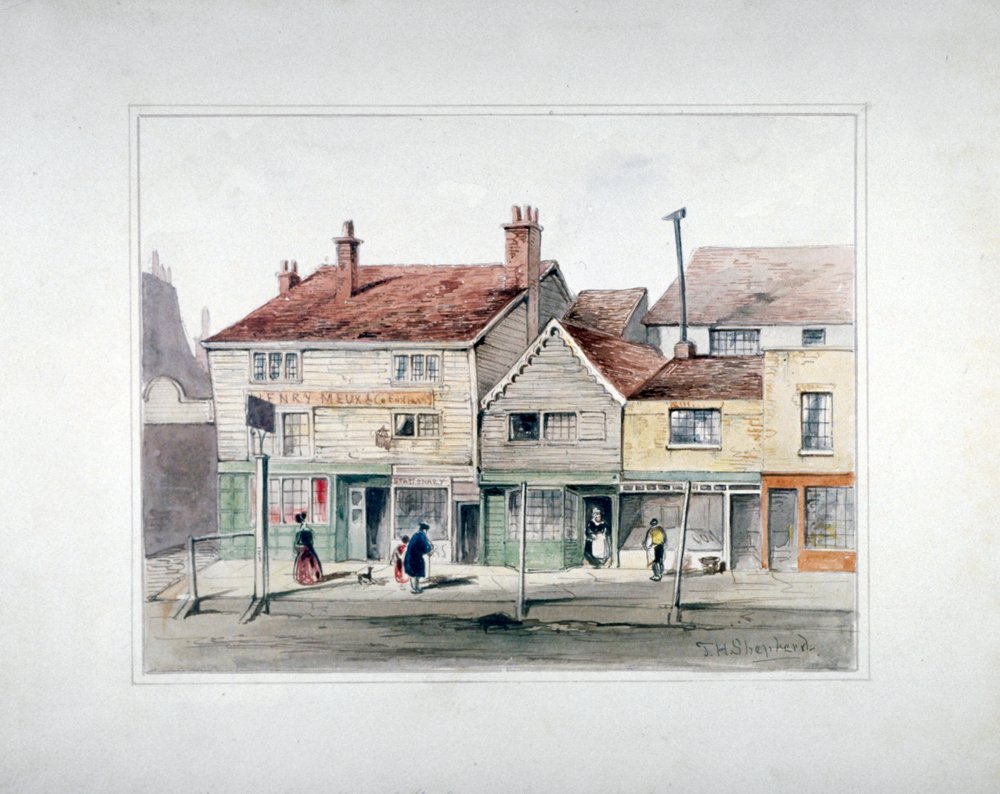 The Hare and Hounds Inn e fachadas de lojas na Upper Street, Islington, Londres, c1835. de Thomas Hosmer Shepherd