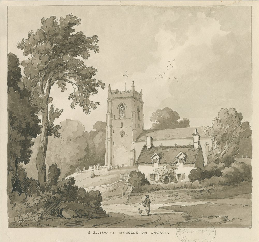 Igreja Mucklestone: desenho lavado em sépia de Thomas Peploe Wood