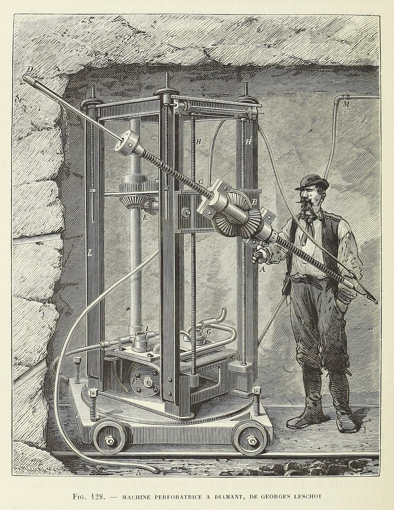 Diamond Drilling Machine projetado por Georges Leschot, pub. gravura de 1883, 1883. de Unbekannt