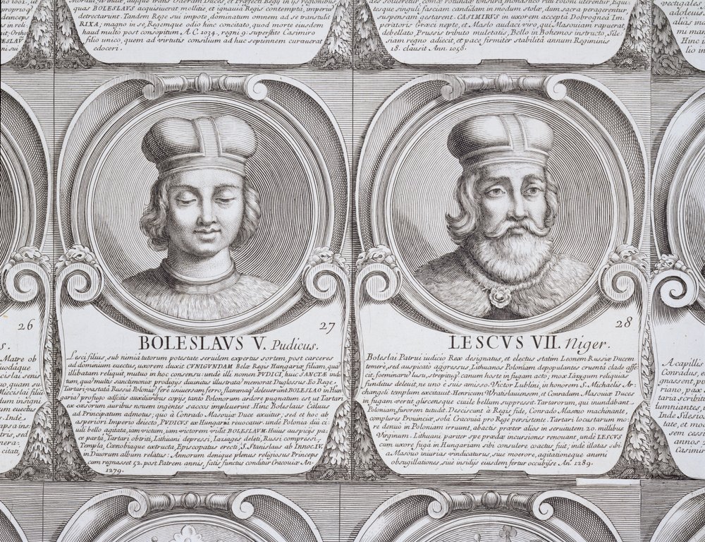 Boleslau V, o Casto, e Leszek II, o Negro, n.os 27 e 28 de "Series Chronologica Ducum et Regum Polonorum", gravura de Unbekannt