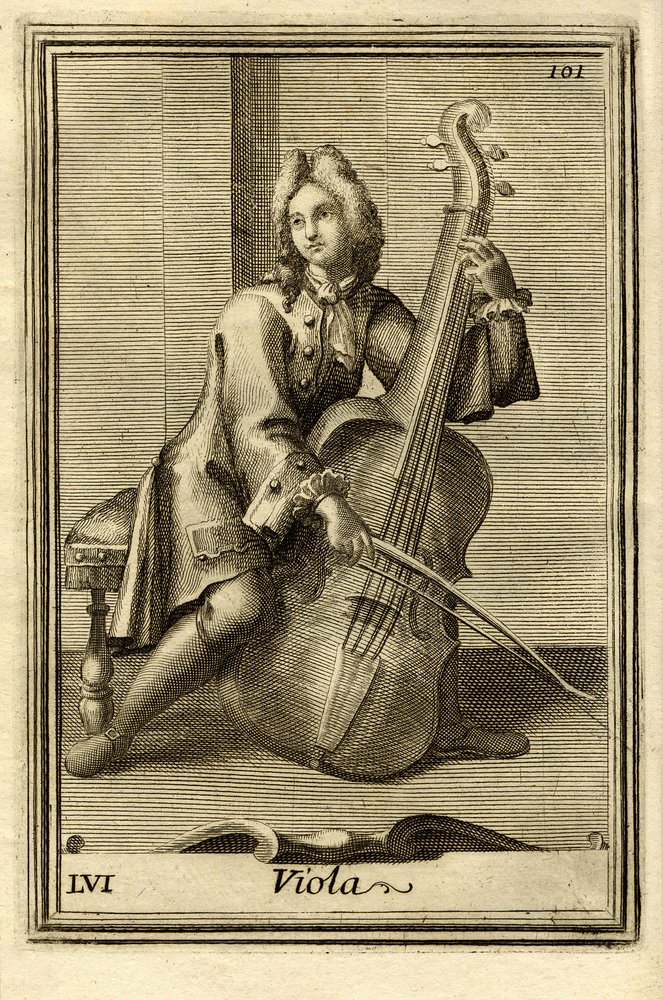 Homem a tocar violoncelo (ou "Viola"). No "Gabinetto Armonico" de Filippo Bonanni, Roma de Unbekannter Künstler