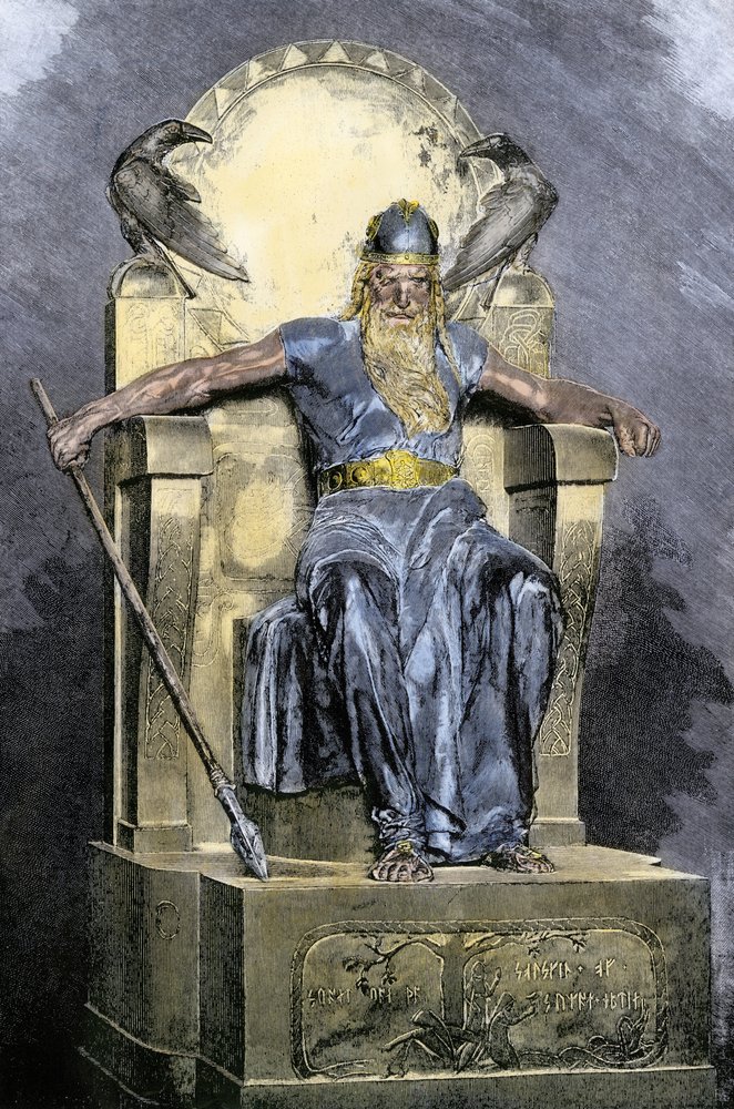 Mitologia nórdica: representação da divindade Wotan (Odin). Gravura a cores do século XIX. de Unbekannter Künstler