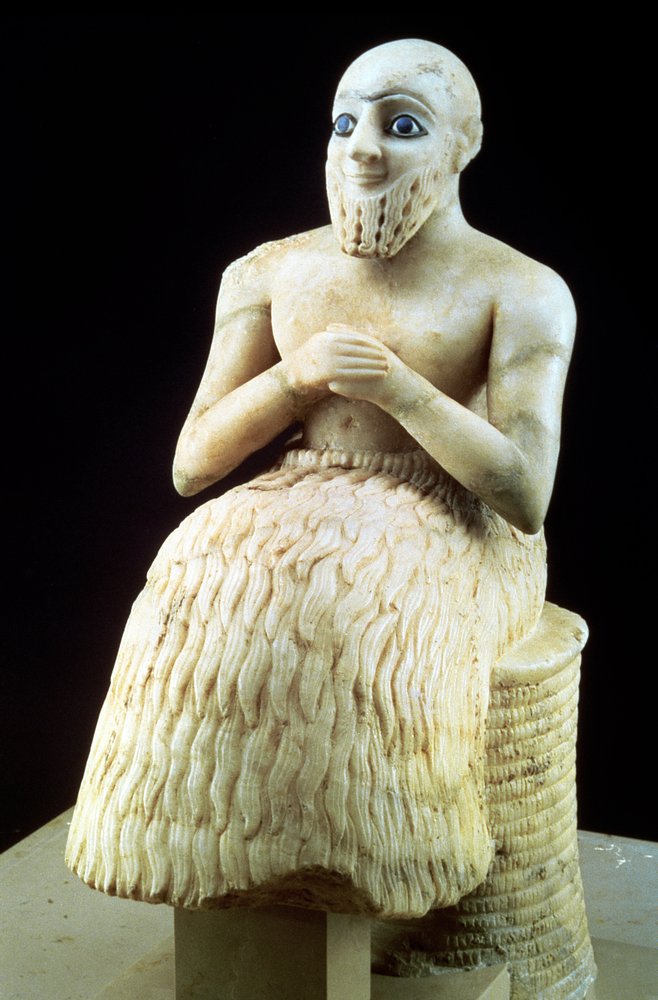 Estátua do funcionário Ebih-Il, do templo de Ishtar em Mari, Hit, Iraque, Médio Eufrates, suméria, período dinástico arcaico, c. 2500 a.C. (gesso e lápis-lazúli) de Unbekannt