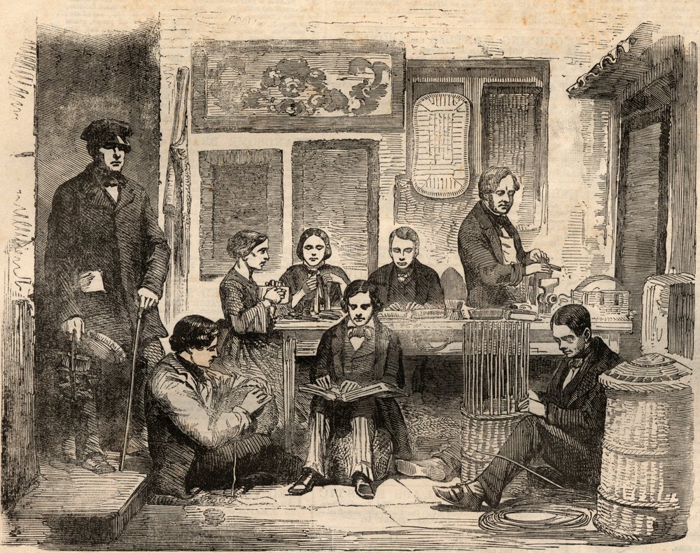 Workshop de Cestaria e Leitura para Cegos localizado na Euston Road em Londres e organizado pela Association for Promoting the General Welfare of the Blind, uma associação para ajudar os cegos a encontrar trabalho. Gravação no "The London News ilustrado" d de Unknown artist