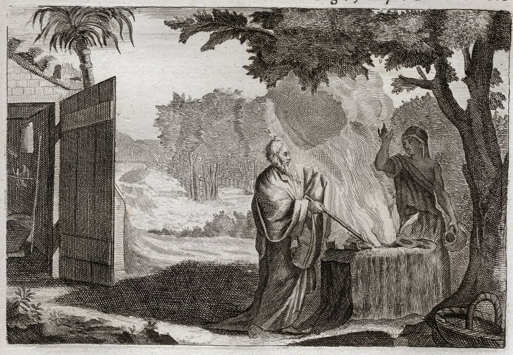 Bíblia de Royaumont, Velho Testamento: Sacrifício de Gedeon. Gedeon (Gideão) é chamado por Deus para tirar os judeus de seus inimigos. Ele oferece um sacrifício sobre uma pedra, da qual ele sai um fogo que o consome. Ilustração de 1811. de Unknown artist