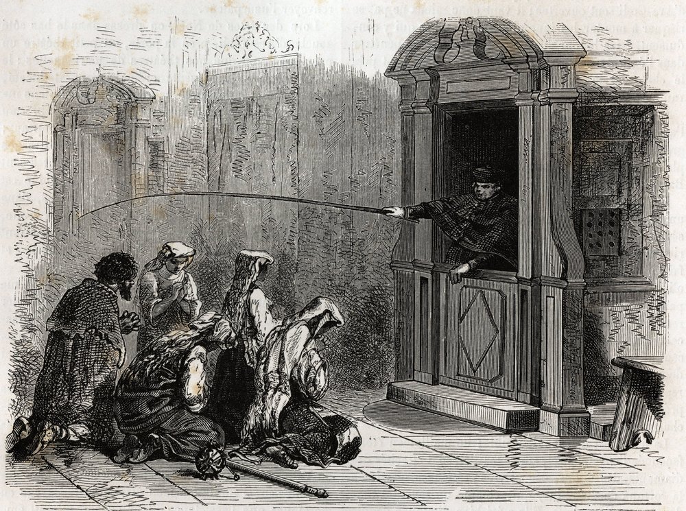Praticantes católicos em oração, recebendo penitência comum, chicotes administrados por um padre da cabina. Gravura para ilustrar a história da Semana Santa em Roma, em 1863, por Ludovic Celler, em "Le tour du monde, nouveau journal des voyages" publi de Unknown artist