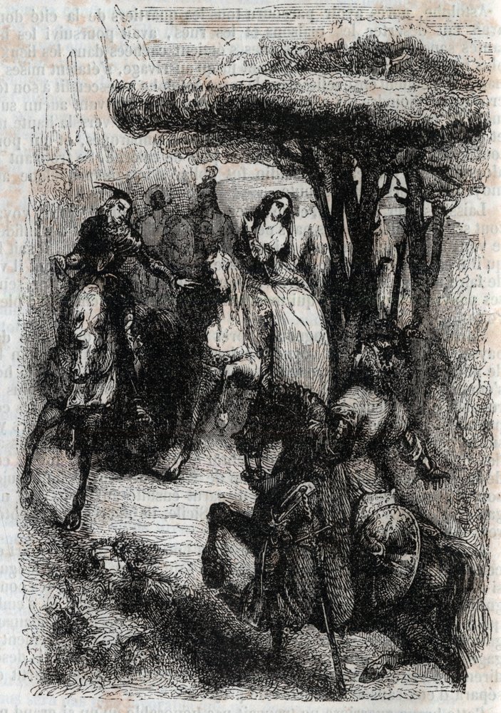 Griffon meets Origille - gravura de 1851 de "Furious Roland" (Orlando furioso) (século XVI) de Ludovico Ariosto, conhecido como Ariosto - Edição traduzida do italiano pelo Conde de Tressan e publicada por Gustave Harvard 1851 de Unknown artist