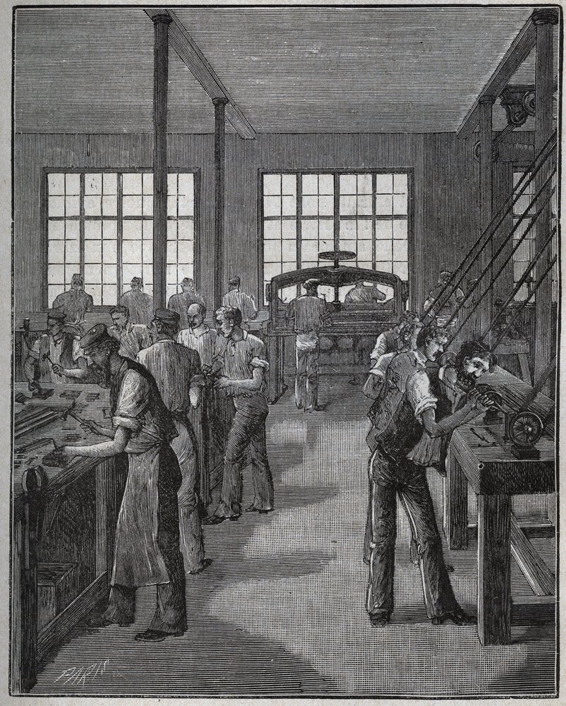 Fabricação de porta-lápis (porta-lápis) e porta-lápis (porta-lápis). Gravura de 1885 em "Les arts et metiers illustres" de Adolphe BITARD. de Unknown artist