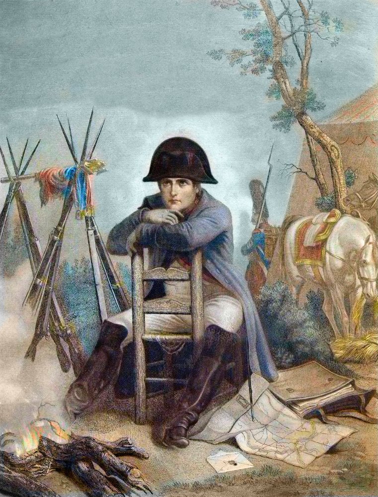 Napoleão no bivaque na véspera da Batalha de Austerlitz - gravura de Philippoteaux - Napoleão no bivaque. A Batalha de Austerlitz (1805), também conhecida como a Batalha dos Três Imperadores de Unknown artist