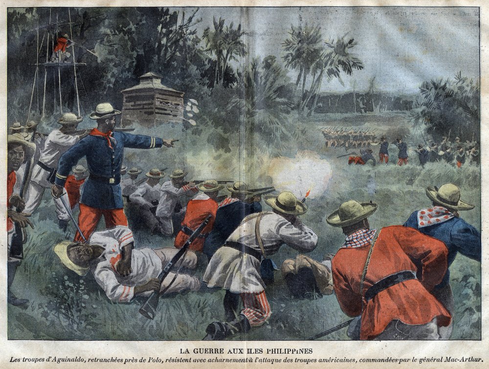 Guerra Filipino-Americana - Guerra Americano-Filipina - Philippine Americano - As tropas de Emilio Aguinaldo, isoladas perto de Polo, resistem ferozmente ao ataque das tropas americanas comandadas pelo general MacArthur - gravura em «Le Pèlerin» de 1899 de Unknown artist
