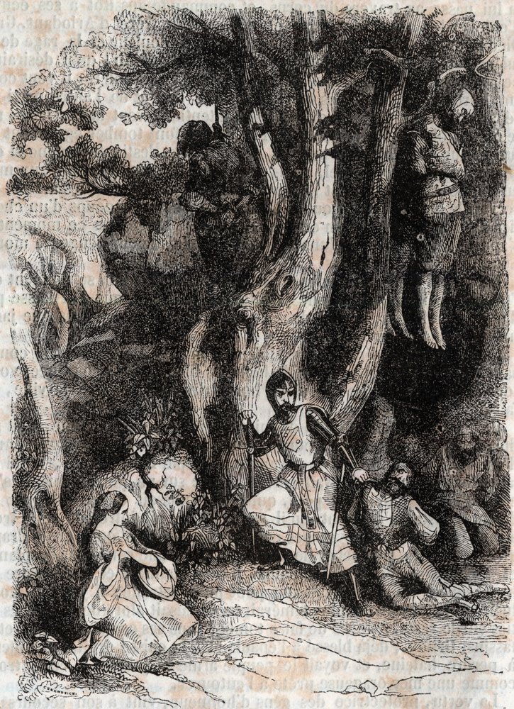Roland and the Seven Brigands of the Cave - Gravura de 1851 de "Furious Roland" (Orlando furioso) (século XVI) de Ludovico Ariosto, conhecido como Ariosta - Edição traduzida do italiano pelo Conde de Tressan e publicada por Gustave Harvard de Unknown artist