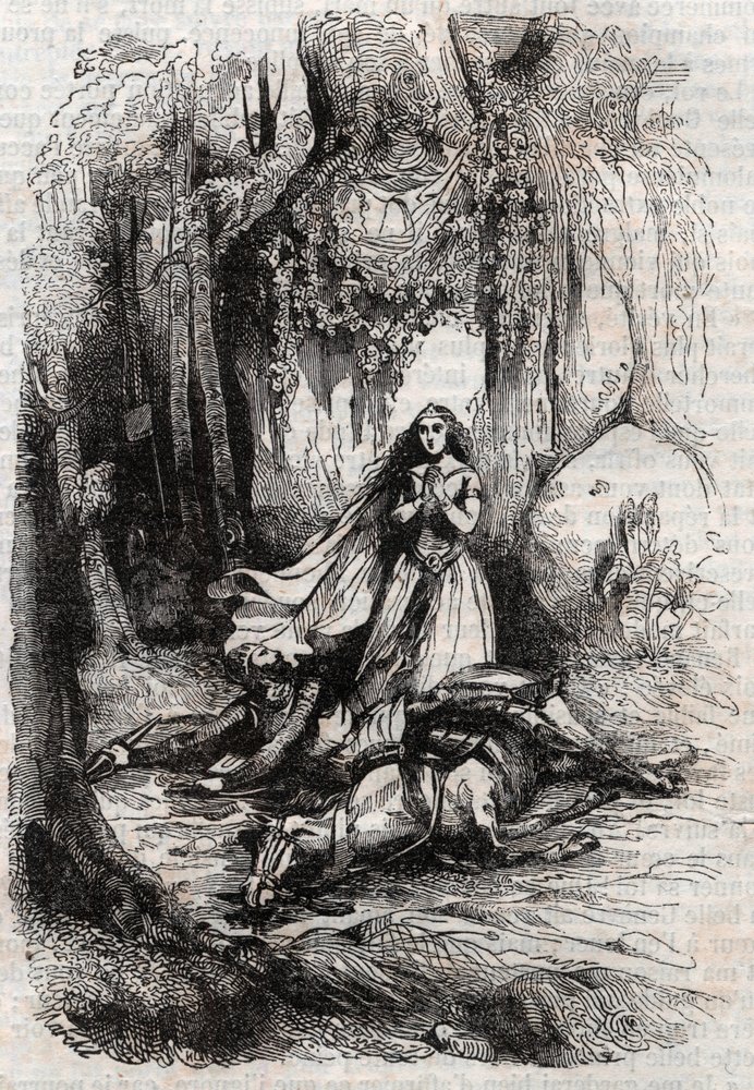 Sacripant (Sacripante) desarconne na presença de Angelica (Angelica) - gravura de 1851 de "Roland furieux" (Orlando furioso) (século XVI) de Ludovico Ariosto, conhecido como Ariosta - Edição traduzida do italiano pelo Conde de Tressan e p de Unknown artist