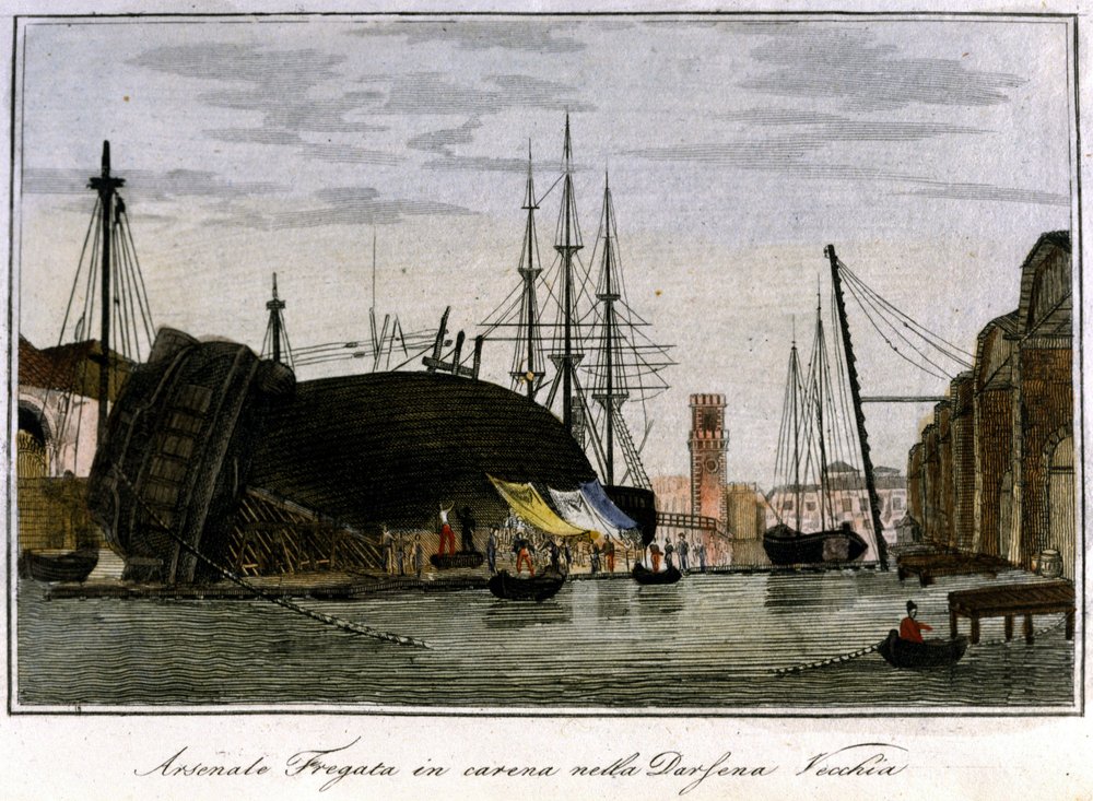 Navio abatido no casco. Fragata veneziana cujo casco está a ser reparado no arsenal. Gravura do século XIX. de Unknown artist