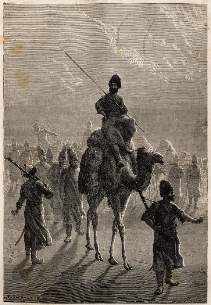 Prisioneiros turcos levados para Teerão com o propósito de trocar seu rancor ou troca contra outros prisioneiros. Gravura para ilustrar a história de Henri de Blocqueville "14 mois de captivite chez les turcomans" entre 1860 e 1861, em "Le tour du mo de Unknown artist