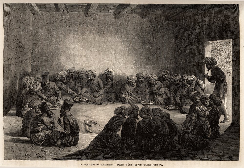 Uma refeição nos turcomanos (Iraque). Desenho de Emile Bayard (1837-1891), para ilustrar a viagem à Ásia Central, em 1863, de Arminius Vambery (cientista húngaro disfarçado em dervixe). Gravura em "Le tour du monde", editado por Edouard Charton de Unknown artist
