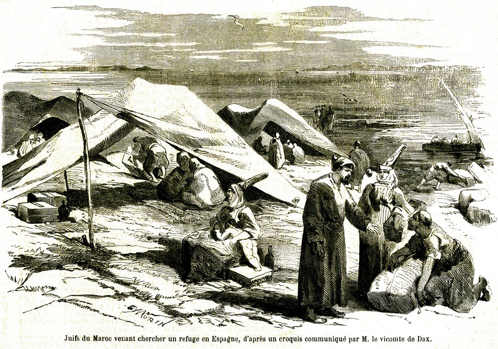 Judeus de Marrocos em busca de refúgio em Algesiras, Espanha, em meados do século XIX (gravura) de Unknown artist