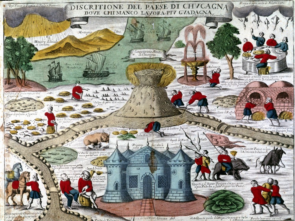 O país da abundância (cuccagna): uma terra imaginária onde se viveria sem trabalho e sem preocupações, na abundância e na alegria: árvore que produz fruta fresca, rio de prata, montanhas de ouro, prisões para trabalhadores, chuva de frangos cozinhados de Unknown artist