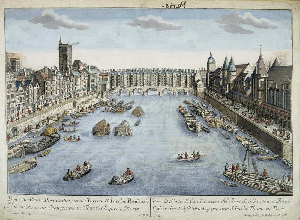 Vista da Pont au Change e da Torre de São Jacques em Paris de Unknown artist