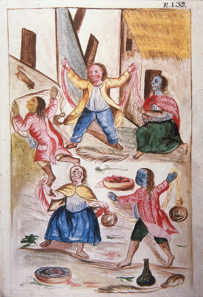 Jovens índios dançando durante o carnaval, do livro "Trujillo del Peru" ou "Códice Martínez Compañón", de Baltazar Martinez Compañón y Bujanda, bispo de Trujillo (1782-1785) de Unknown artist