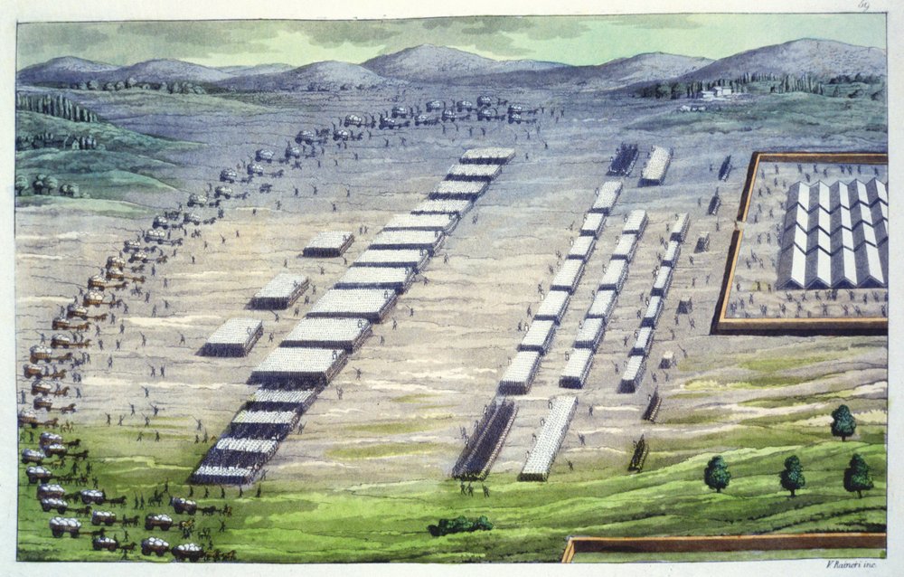 Acampamento romano na Germânia celta, conforme descrito por Tácito, de «Le Costume Ancien et Moderne» de Jules Ferrario, publicado c. décadas de 1820-30 de Vittorio Raineri
