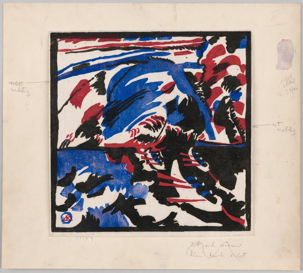 Holzschnitt zu dem Gemälde "Kahnfahrt" (Probedruck mit Anweisungen für Kandinskys Buch "Klänge" (1912), S. 49) de Wassily Kandinsky