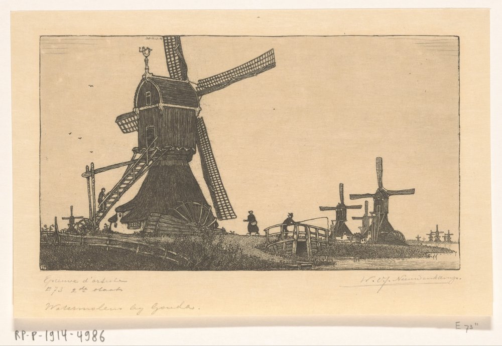 Moinhos de água na Vlist entre Haastrecht e Schoonhoven
Moinhos de água perto de Gouda (título original) de Wijnand Otto Jan Nieuwenkamp (signed by artist)