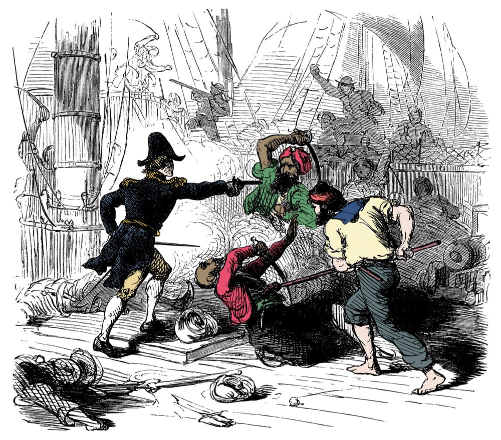 Combate aos piratas argelinos Gravura de "Sir Henry Morgan, Buccaneer de Will Crawford